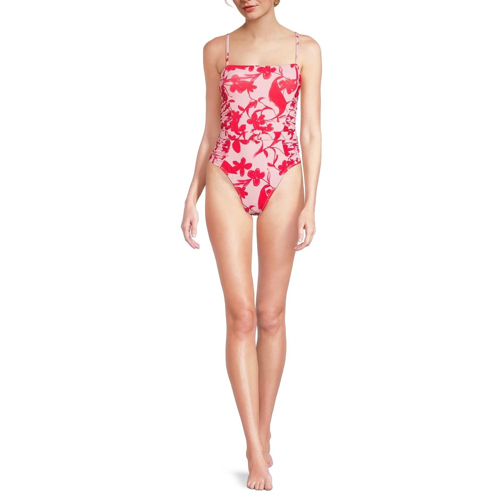 Hutch Jenny One Piece Swimsuit Medium Lipstick Floral Belted Square Neck NWT - Picture 2 of 6